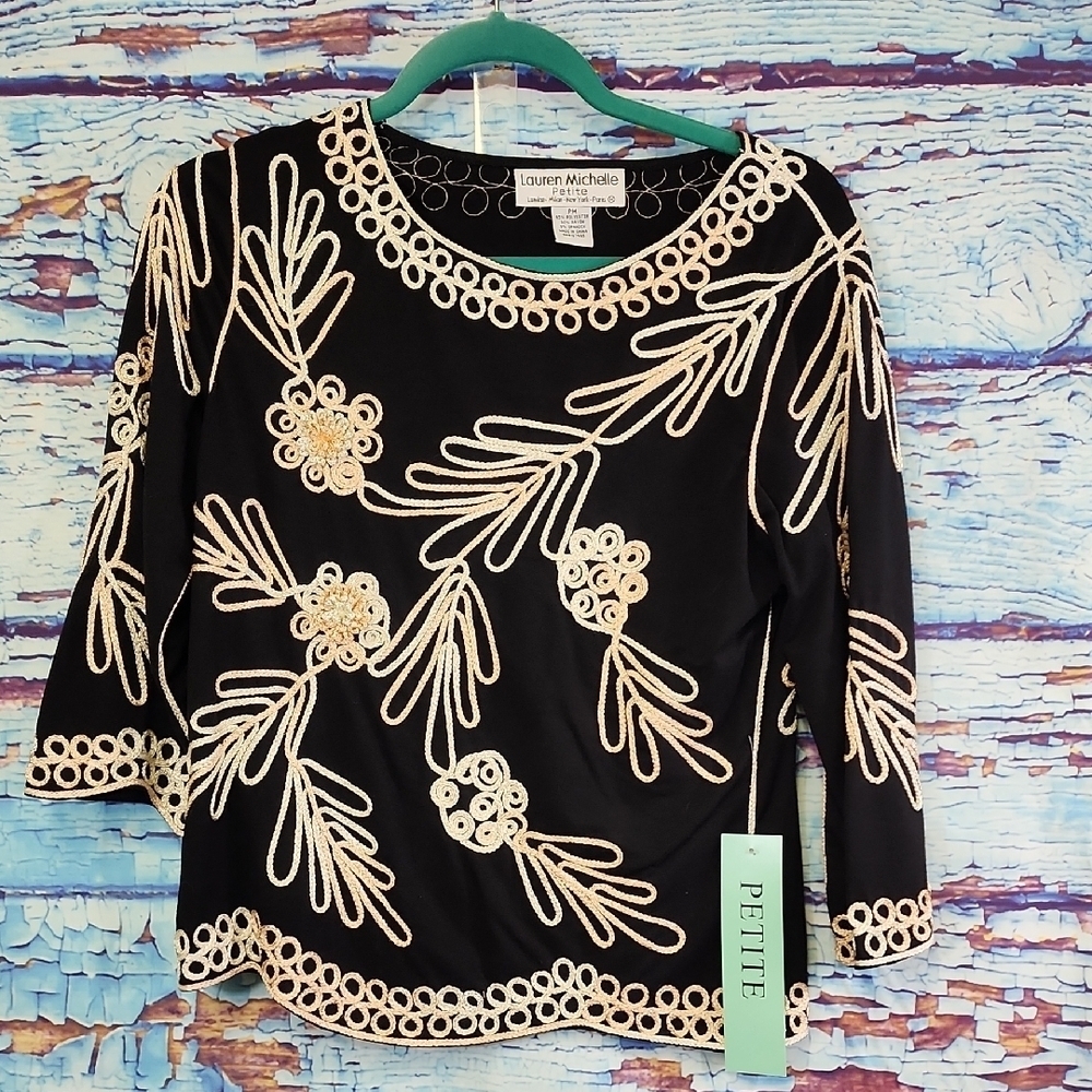 Lauren Michelle Black Top with Cream Embroidery
